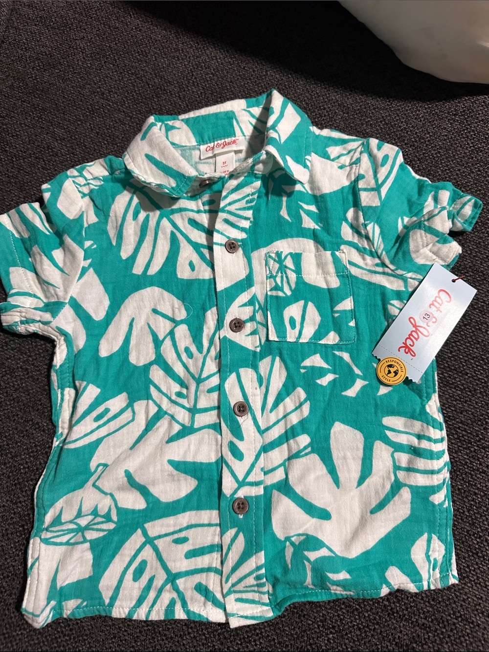 Cat & Jack Teal and White Tropical Print Button-Down Shirt